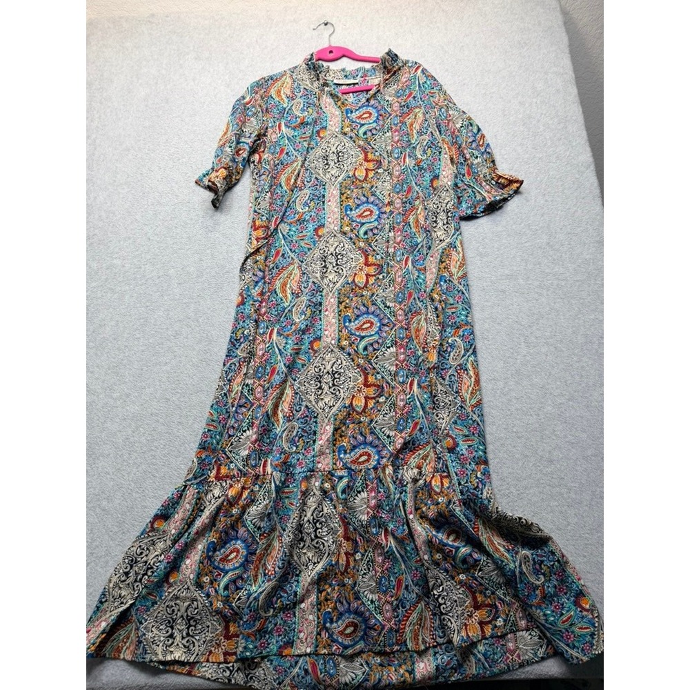Miss Kelly 1999 Womens Large Paisley Medallion Ruffle Neck Maxi Dress Blue Multi